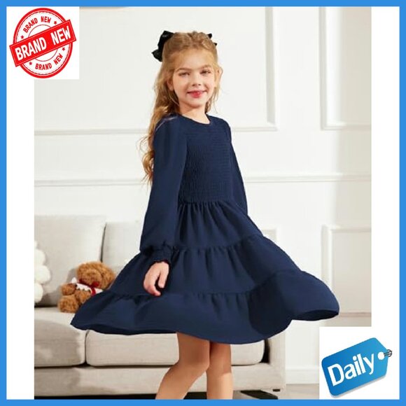 Girls Long Sleeve Boho Party Dress with Pockets Tiered Smocked - Picture 5 of 8